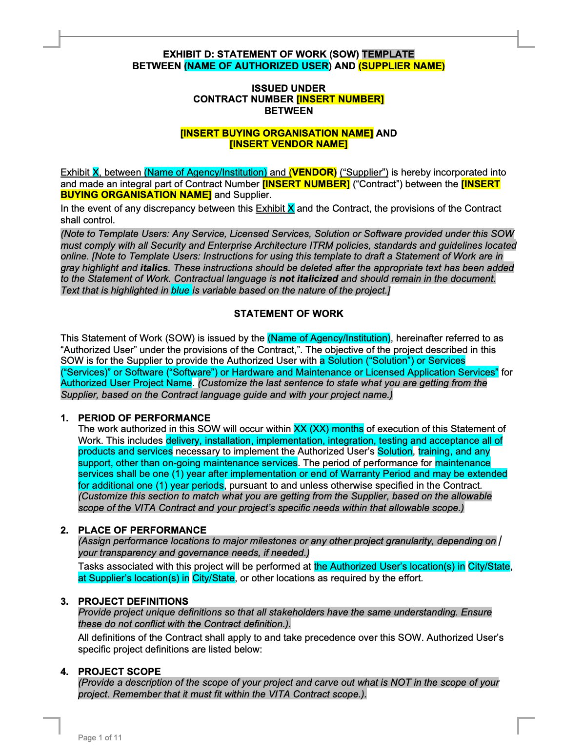 A legacy Statement of Work template: yellow insert fields, grey guidance notes, and contract language all on one page